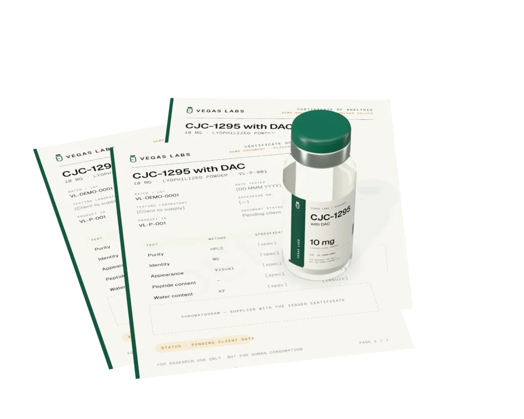 Vegas Labs CJC-1295 vial resting on certificate of analysis documents