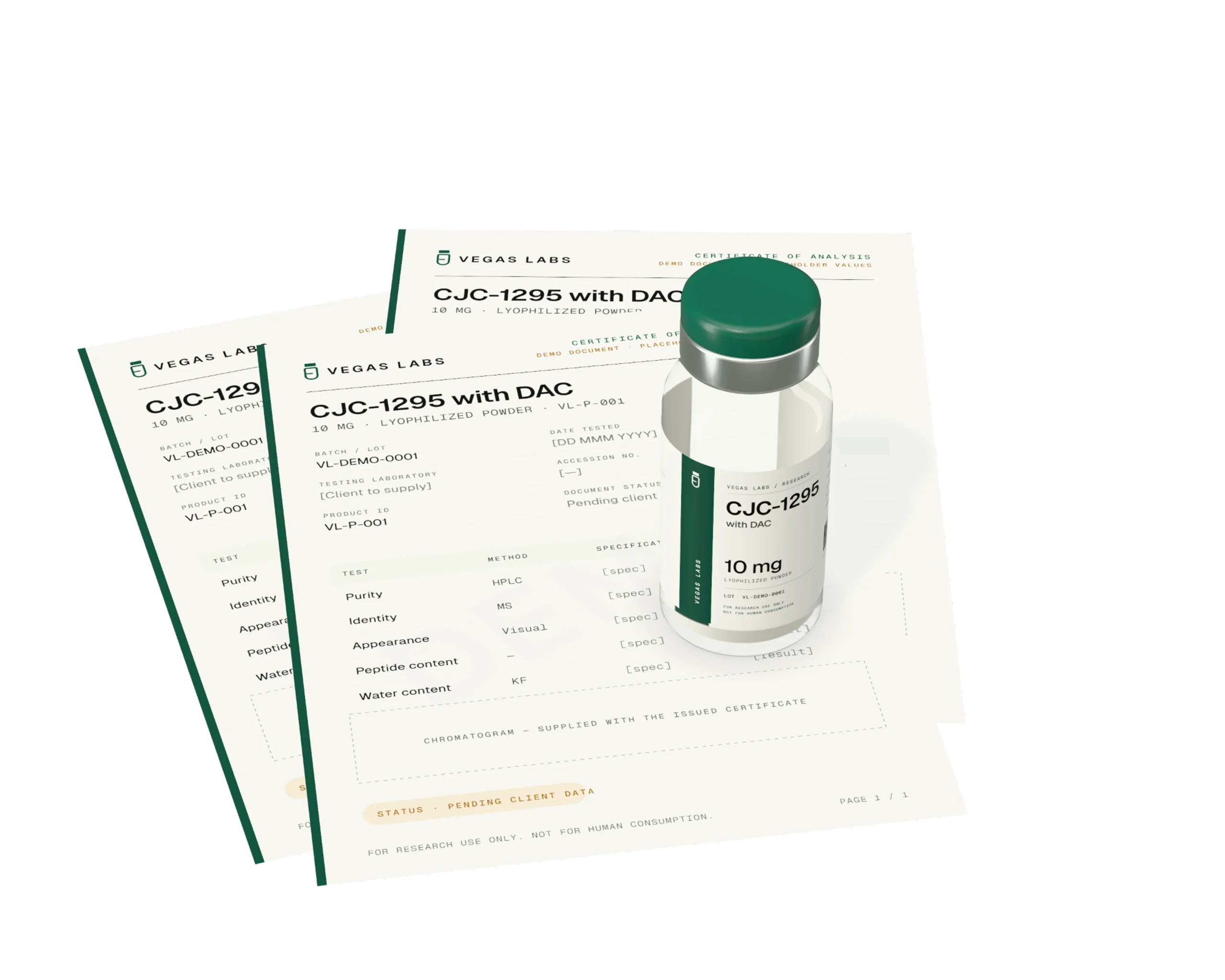 Vegas Labs CJC-1295 vial resting on certificate of analysis documents